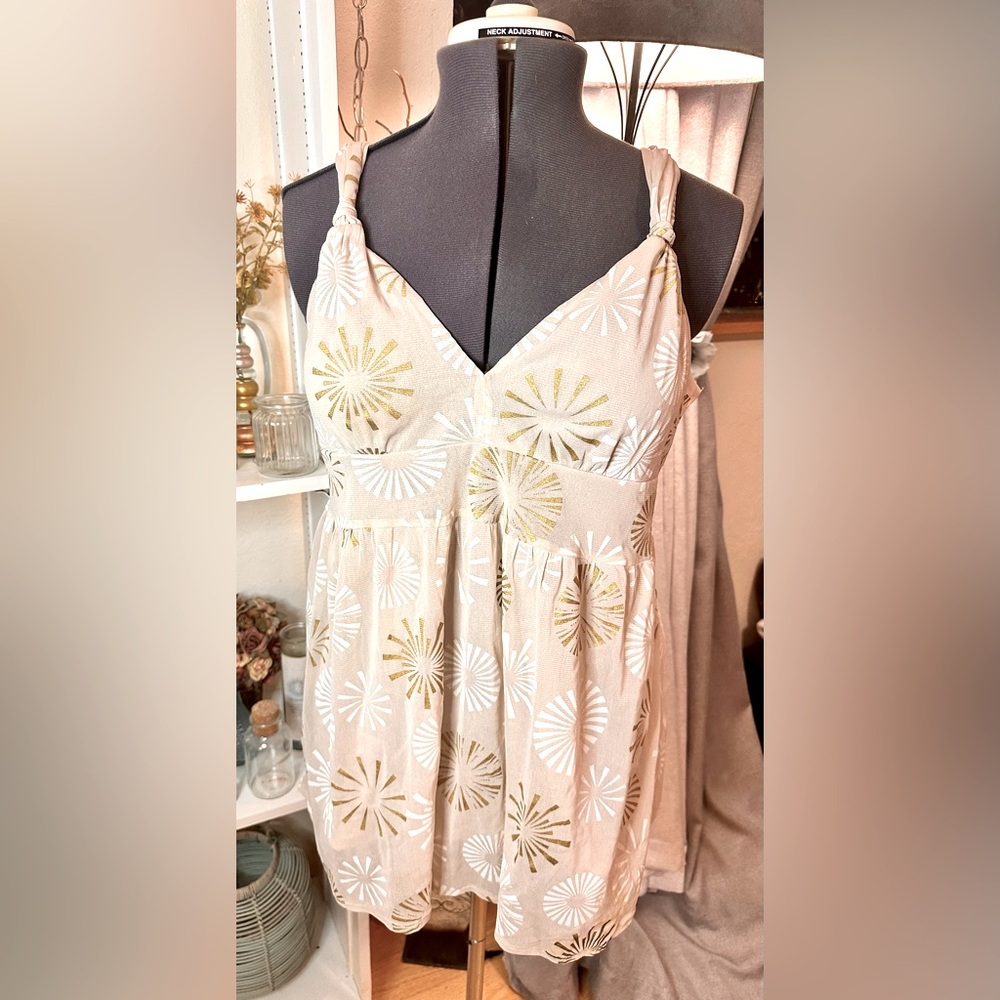 New York & Co Y2K BABYDOLL Cream & Gold Sunburst Empire Waist Romantic Tank Top